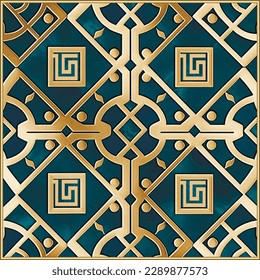 Marble art Deco blue greek style seamless pattern. Gold square frame, border. Luxury stone textured geometric background.  Greek key meanders. Modern vintage art deco design. Grunge ornate texture. 