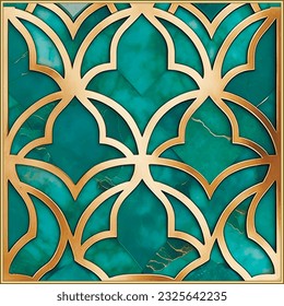 Marble art Deco floral mosaic seamless pattern with gold square frame. Ornamental grunge arabesque turquoise background. Decorative vintage marbled vector pattern. Modern textured old style ornaments.