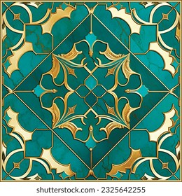 Marble art Deco floral mosaic seamless pattern with gold square frame. Ornamental grunge arabesque turquoise background. Decorative vintage marbled vector pattern. Modern textured old style ornaments.