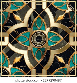 Marble art Deco greek floral pattern. Luxury ornamental vector marble textured background. Decorative ancient style inlaid turquoise blue marble pattern. Modern design. Greek key meanders. Gold frame.