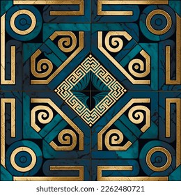 Marble art Deco greek seamless pattern. Luxury ornamental vector marble textured background. Decorative ancient style inlaid marble pattern. Modern design with cobalt and verdigris, gilded highlights.