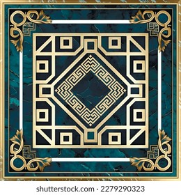 Marble art Deco greek square pattern. Luxury ornamental vector marble textured background. Decorative ancient style inlaid marble pattern. Modern design with cobalt and verdigris. Greek key meanders.