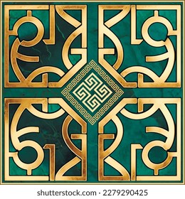 Marble art Deco greek square pattern. Luxury old style vector marble textured ornate background. Green malachite emerald marbled pattern. Modern ornamental rough dirty design. Greek key meanders.