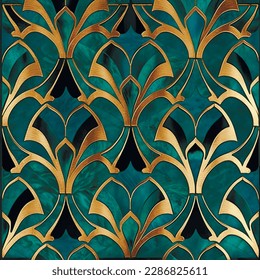 Marble art Deco green blue gold pattern. Luxury ornamental floral Art Deco vector background. Decorative ancient style marbled pattern. Modern marble textured Damask style ornaments with gold inlaid.