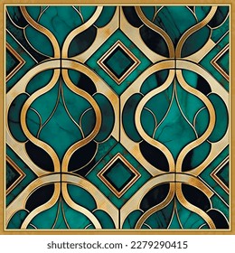 Marble art Deco green malachite pattern. Luxury ornamental grunge Art Deco vector background. Decorative ancient style marbled pattern. Modern emerald textured ornaments with gold inlaid, frame.