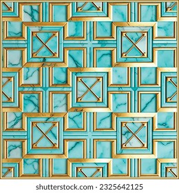 Marble art Deco pattern with gold square frame. Luxury ornamental grunge geometric background. Decorative vintage marbled vector pattern. Modern textured ornaments with gold  frame, crosses, squares.