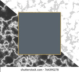 Marble background card in trendy geometric style with glitter frame, black and white marble texture. Place for text. Good for poster, wallpaper, wedding invitation, banner, poster