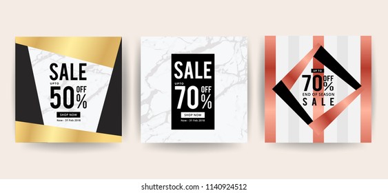 Marble and background design for banner or poster with marbling texture , Geometric style gold and rose gold details for summer and winter season sale marketing.