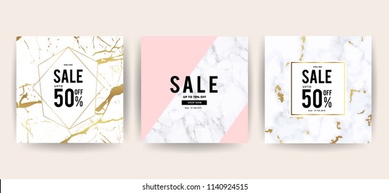 Marble and background design for banner or poster with marbling texture , Geometric style gold and rose gold details for summer and winter season sale marketing.