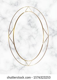 Marble background with gold geometric frame. Luxury template for wedding invitation cards with white marble texture and golden geometric pattern.