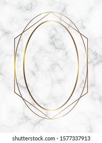 Marble background with gold geometric frame. Luxury template for wedding invitation cards with white marble texture and golden geometric pattern