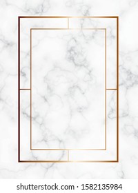 Marble background with gold geometric frame. Luxury template for wedding invitation cards with white marble texture and golden geometric pattern