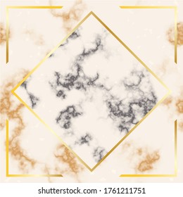 Marble background with gold geometric frame.