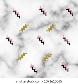 Marble background with gold pink and black lines, geometrical 