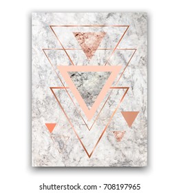 Marble Background With Rose Gold Triangles. Geometric Print For Your Card, Template, Business, Brochure. Trendy Poster For Textile, Fabric, Web, Wallpaper, Poster, Home Design, Office Design.