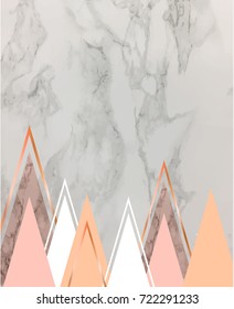 Marble background with rose gold triangles. Geometric print for your card, template, business, brochure. Trendy poster for textile, fabric, web, wallpaper, poster, home design, office design