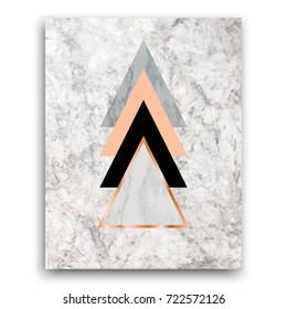Marble background with rose gold triangles. Geometric print for your card, template, business, brochure. Trendy poster for textile, fabric, web, wallpaper, poster, home design, office design
