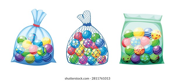 Marble balls bags. Marble ball in pouch, glass plastic beads sack bag pack marbles box taw bingo kids old game dice bubbles toy spheres cartoon qualitative vector illustration