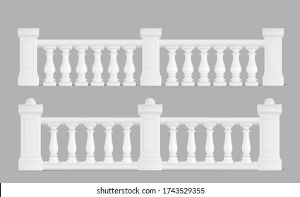 Marble balustrade, white balcony railing or handrails. Banister or fencing sections with decorative pillars. Panels balusters for architecture design isolated elements Realistic 3d vector illustration svg