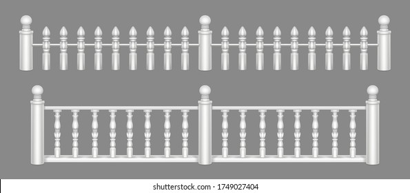 Marble balustrade, white balcony railing or handrails. Banister or fencing sections with decorative pillars. Panels balusters for architecture design isolated elements Realistic 3d vector illustration