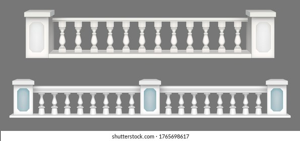 Marble balustrade, white balcony railing or handrails. Banister or fencing sections with decorative pillars. Panels balusters for architecture design isolated elements Realistic 3d vector illustration