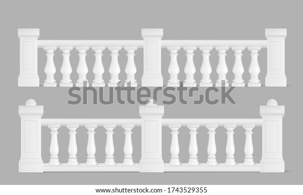 Marble balustrade, white balcony railing or\
handrails. Banister or fencing sections with decorative pillars.\
Panels balusters for architecture design isolated elements\
Realistic 3d vector\
illustration