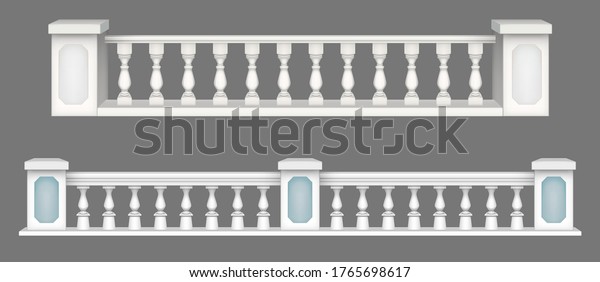 Marble balustrade, white balcony railing or\
handrails. Banister or fencing sections with decorative pillars.\
Panels balusters for architecture design isolated elements\
Realistic 3d vector\
illustration