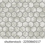 Marble beige ceramics flooring. Cobblestone road with mosaic hexagon blocks. Stone grunge strokes tiles, seamless texture for pavement. Top view of pave pattern. Vector background