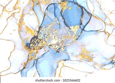 Marble blue, gray, and gold stone texture. Alcohol ink technique abstract vector background. Modern luxury paint in natural colors with glitter. Template for banner, poster.  Fluid art painting