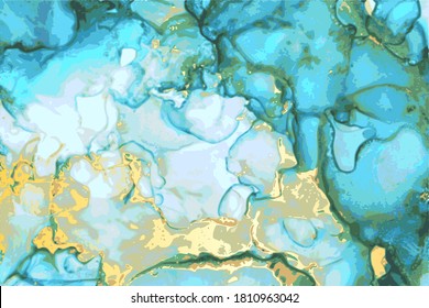 Marble blue, green, and gold stone texture. Alcohol ink technique abstract vector background. Modern luxury paint in natural colors with glitter. Template for banner, poster. Fluid art painting