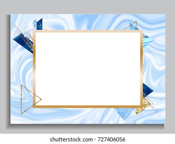 Marble brochure, business card template or background in trendy minimalistic geometric style, blue color, stone, granite textures, vector fashion poster, cover