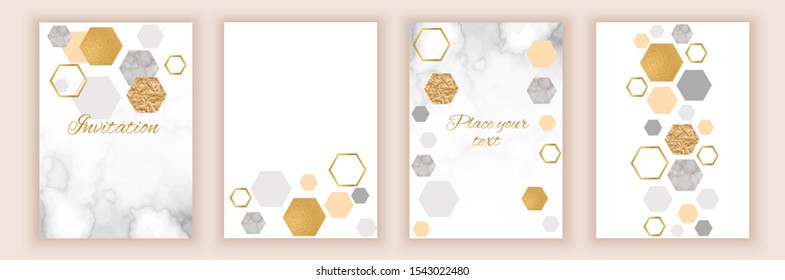 Marble brochure layout, corporate identity set, template or background in trendy minimalistic geometric style, stone, granite, gold texture, hexagon, vector fashion wallpaper, poster, cover