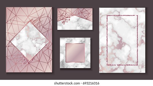 Marble brochure layout, wedding invitation set, business card template or background in trendy minimalistic geometric style, stone, granite, gold rose texture, vector fashion wallpaper, poster, cover
