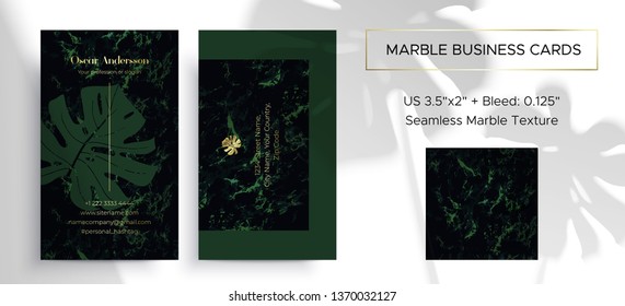 Marble business card. 2 sides. Corporate identity design template in the tropic green color. Noble and elegant branding. Size 3.5x2 inch with bleed. Seamless marble texture is included in the layout.