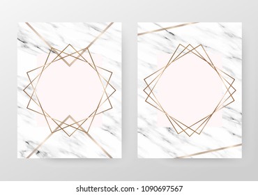 Marble business templates with gold polygonal frames and geometric shapes.