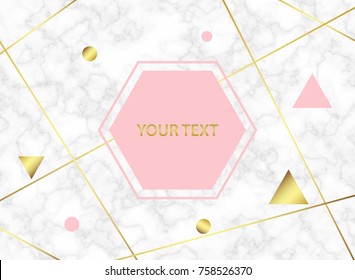 Marble card or background in trendy geometric style with frame, place for text, lines, gold metallic texture, triangles, good for poster, wallpaper, wedding invitation, banner, poster