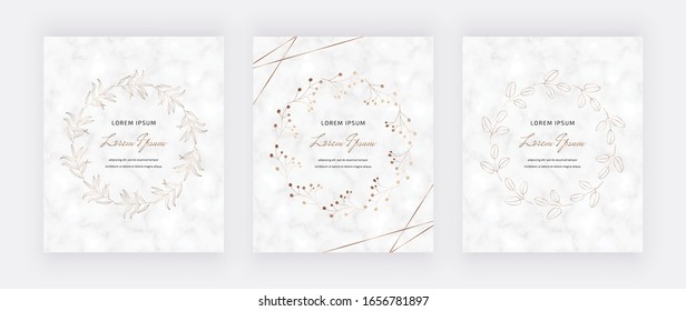 Marble cards with golden geometric polygonal lines and hand drawn wreath frames. Decorative lines borders. Template for wedding invitation, blog posts, banner, card, save the date, poster, flyer	
