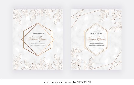 Marble Cards With Leaves, Geometric Golden Lines Frames. Trendy Templates For Wedding Invitation, Banner, Flyer, Poster, Greeting.
