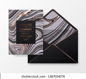 Marble celebration design card and envelope with gold fluid waves texture.