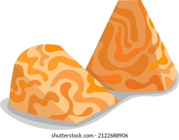 Marble cheese cut into triangles, orange and beige, wavy, vector image isolated on white background