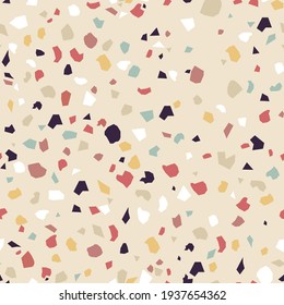 Marble chips. Terrazzo flooring seamless pattern. Decorative texture. Abstract background. Simple shapes. Vector illustration. Natural stone, material, surface.
