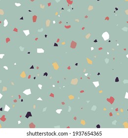 Marble chips. Terrazzo flooring seamless pattern. Decorative texture. Abstract background. Simple shapes. Vector illustration. Natural stone, material, surface.