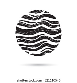 Marble circle, hand drawn with pen and chalk, wave pattern. Rounded shapes isolated on white, grunge. Vector of ink lines, scribbles of pencil and crayons , hatching, scratch on textured paper.