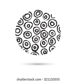 Marble circle, hand drawn with pen and chalk, wave pattern. Rounded shapes isolated on white, grunge. Vector of ink lines, scribbles of pencil and crayons , hatching, scratch on textured paper.