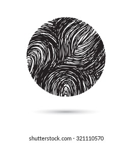 Marble circle, hand drawn with pen and chalk, wave pattern. Rounded shapes isolated on white, grunge. Vector of ink lines, scribbles of pencil and crayons , hatching, scratch on textured paper.