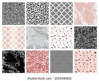 Marble collection. Set of seamless backgrounds and patterns with geometric shapes, pink glitter, marbled texture, hand drawn elements. Template for textile, apparel, card, invitation, wedding etc.