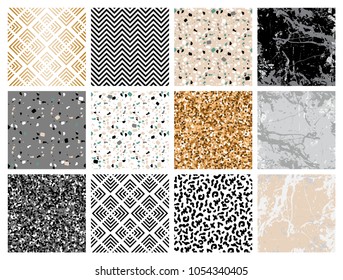 Marble collection. Set of seamless backgrounds and patterns with geometric shapes, gold glitter, marbled texture, hand drawn elements. Template for textile, apparel, card, invitation, wedding etc.
