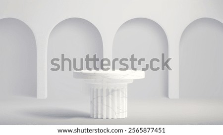 Marble column with fluted shaft stands against arch curved gallery niches in wall. Realistic 3d classical pedestal with round top platform. Minimalist space design for luxury display presentation.