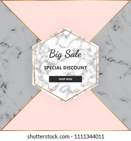 Marble cover design with pink and grey geometric background. Modern template for layout, wedding, flyer, invitation, banner, web, card, fashion, poster
