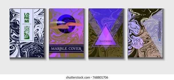 Marble Covers Set Template. Funky Elegant Suminagashi Painting Background. Trendy Book Cover, Faded Old Newspaper.  Crazy Liquid Japanese Ink Marble Covers Set.  Noble Rich VIP Design.
